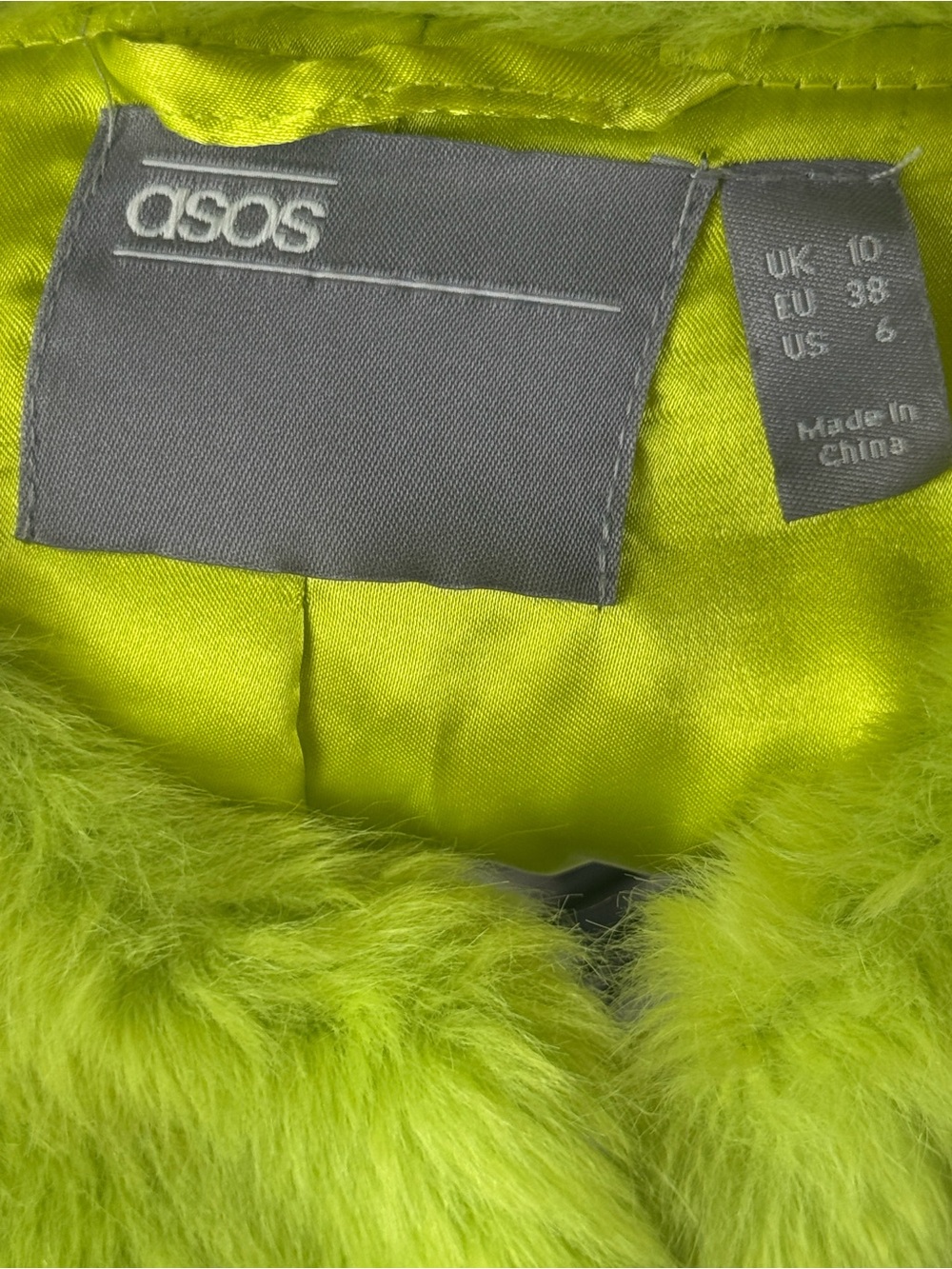 ASOS Faux Fur Cropped Jacket Neon Lime Hook & Eye Front Closure Collarless - Picture 9 of 10